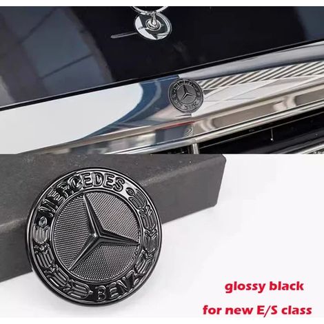 (Étoile entièrement noire, base noire 38 mm) - Emblème de voiture en ABS à 3 broches pour calandre supérieure avant et capot, compatible avec les Mercedes-Benz Classe E/S (logo étoile, blé et pommier) (1/5)
