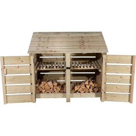 Slatted wooden log store with door and kindling shelf W-146cm, H-126cm, D-88cm - natural (light green) finish