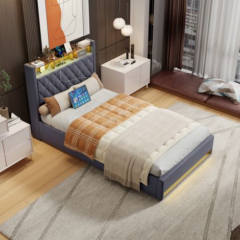 Bastidor de cama gris oscuro de 140x190 cm, relleno de espuma de alta elasticidad, transpirable, ergonómico, estructura estable de hierro y MDF para dormitorios y hoteles (1/5)
