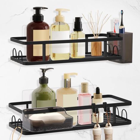 Etagere Douche Sans Percage, Etagere Douche 4 Pièces avec Porte-Savon, Porte-Brosse à Dents, Porte Gel Douche Salle de Bain Grande Capacité, Support Salle de Bain, Noir (1/5)