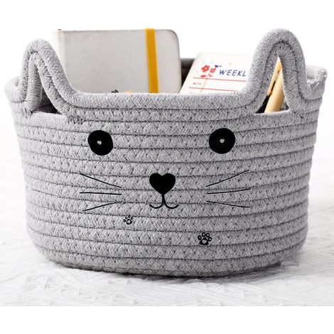 JSSEVN - Kleiner Katzenkorb, Aufbewahrungskorb aus Baumwollseil, gewebter Korb für süße Haustiere, 21 cm lang x 12 cm hoch (Hellgrau) (1/5)
