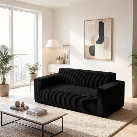 Canapé 2 places en velours côtelé – Assise profonde confortable – Mousse haute densité à rebond rapide – Sans montage ni outils – Transport facile – 178×86×70 cm – Noir (1/5)