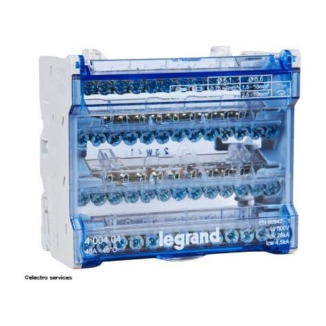 Legrand – Répartiteur pour tableau électrique 4P 40A tétrapolaire – 1 arrivée 2 5mm² à 16mm² – 12 départs – 6 modules