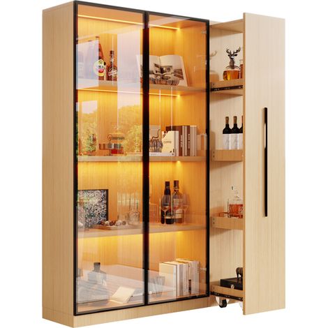 CHICFURN Vitrina multifunción con LED y puerta de vidrio, estantería con cajón lateral extraíble, 110,5 x 35 x 160 cm, acabado en madera clara para salón, oficina y dormitorio (1/5)