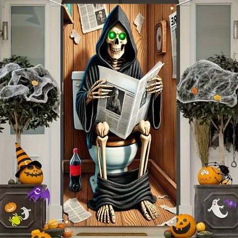 Rideau de porte de salle de bain sur le thème d'Halloween, motif Faucheuse, bannière décorative tête de mort effrayante - 90 x 180 cm (perforé + ruban) - Style 24