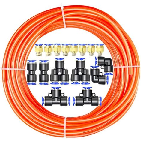 Kit de manguera de aire de poliuretano (PU), manguera de aire de PU naranja de 10 m, 6 mm de diámetro exterior x 4 mm de diámetro interior con 16 racores.
