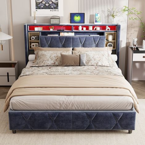 Lit coffre 140 x 200 cm, Lit adulte, lit capitonné, avec levier hydraulique, tête de lit avec rangement, LED et USB, velours gris (1/5)