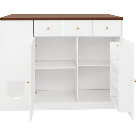 Îlot de cuisine avec tiroirs et plateau coulissant 120 cm blanc et noyer MODENUIT (1/5)