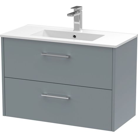 Winshill Contemporary 2 Drawer Wall Hung Vanity Unit with Minimalist Basin, Grey, 800mm