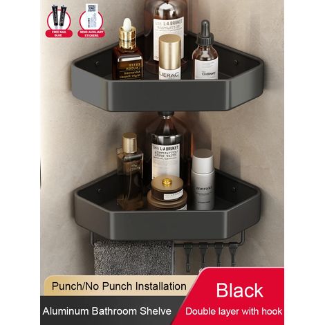 (2 Noirs avec crochet) Étagère de salle de bain sans perçage, étagère d'angle en aluminium, panier triangulaire mural, organisateur de rangement pour salle de douche FR2006 (1/5)