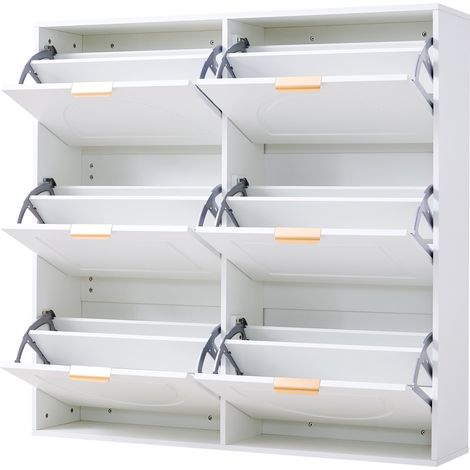 Zapatero moderno blanco HOMVRA con 6 compartimentos abatibles, 118 x 25 x 115 cm (1/5)