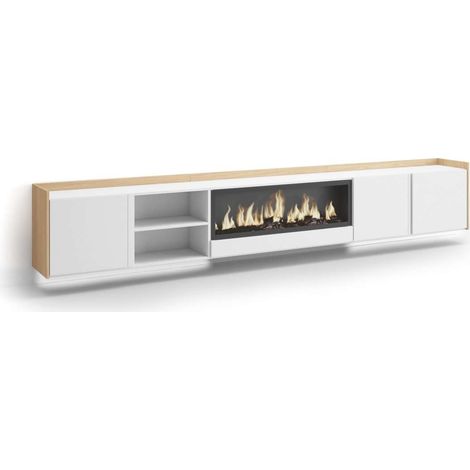 Mueble TV Atajate-02 de 315x50x35 cm con chimenea y luces LED, suspendido, color blanco y roble soft (1/4)