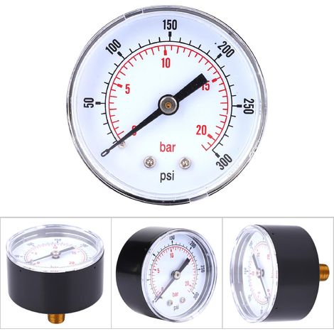 Manomètre laiton cadran 50 mm montage arrière 1/8 BSPT couvercle transparent pour air eau huile gaz 0-300 PSI 0-20 Bar (1/5)