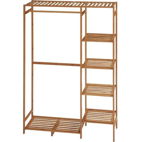 Portant à vêtements, penderie avec tringle, étagère à chaussures, armoire en bambou et bois naturel (1/5)