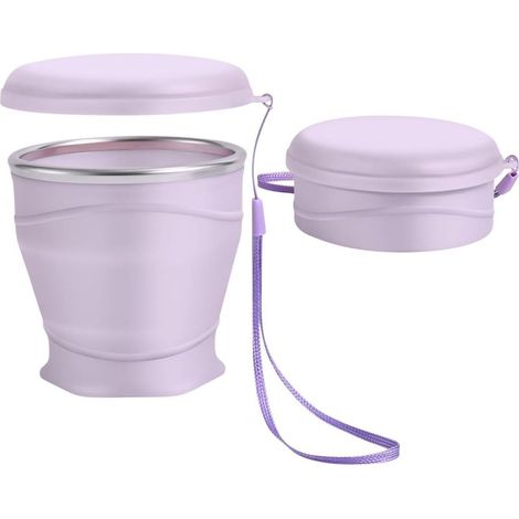 Gobelet Pliable 260 ml, en Silicone Flexible avec Couvercle et Bord en Acier Inoxydable, sans BPA, Portable et Gain de Place, pour Camping, Voyages et Activités de Plein Air, Violet Clair (1/5)