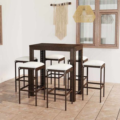 Ensemble de bar de jardin 7 pcs-Bar d'extérieur coussins Résine tressée Marron 739441 (1/5)