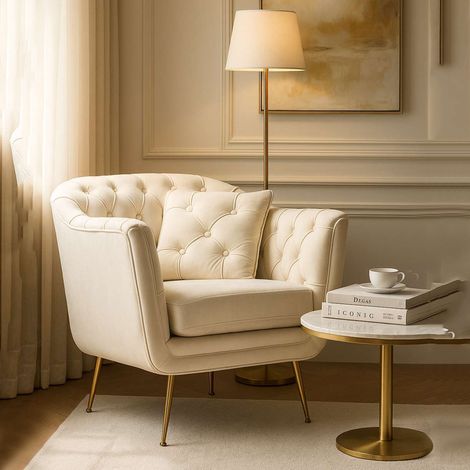 Sillón Turtuk, Silla con Cojín, Brazos, Tonalidad Estructura Crema, 88x83x91h cm Blanco Crema (1/5)