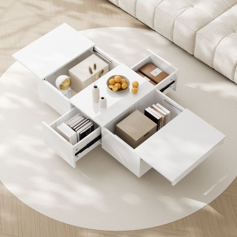 Couchtisch mit Push-Pull-Stauraum und 2 Schubladen beidseitig, Hochglanz-Oberfläche, 100 × 50 × 31 cm, Weiß