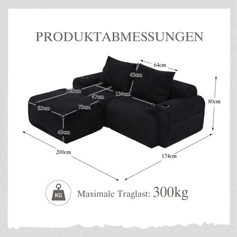 Canapé modulable 2 places en velours côtelé avec poufs, porte-gobelet et poche rangement latérale – idéal salon & séjour – Noir (1/4)