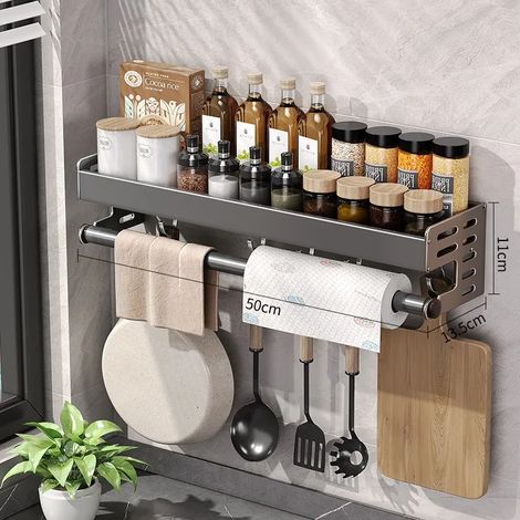 (50 cm B) Étagère de rangement murale multifonctionnelle en aluminium spatial couleur canon de fusil, sans perçage, porte-couteaux à épices, porte-essuie-tout et planche à découper. (1/5)