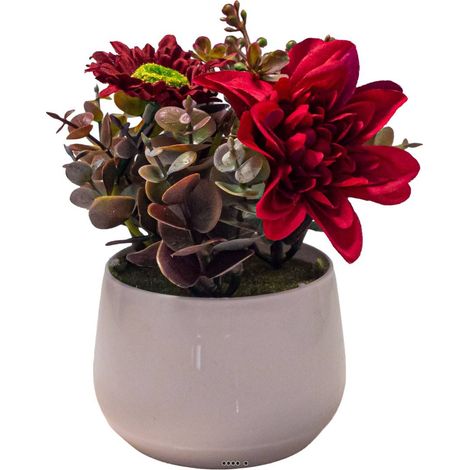 Pot de Dahlias fleurs artificielles pour le Funérarium H 17 cm D 14 cm Vermillon - couleur: Vermillon