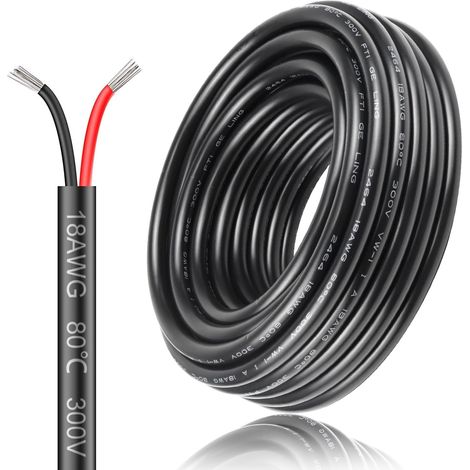 Câble électrique 18 AWG 2 x 0,75 mm² - 10 m - Câble électrique à 2 fils - 5 V/12 V/24 V - Câble de terre en cuivre étamé - 300 V - Flexible et souple - Résistance aux températures élevées - Rallonge (1/5)