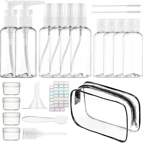 Lot de 14 bouteilles de voyage vides à remplir - 50 ml - Format voyage - Avec sac pour liquides de bagage à main - Petit entonnoir, pinceau, boîte de conservation 20 g - Avec 1 autocollant