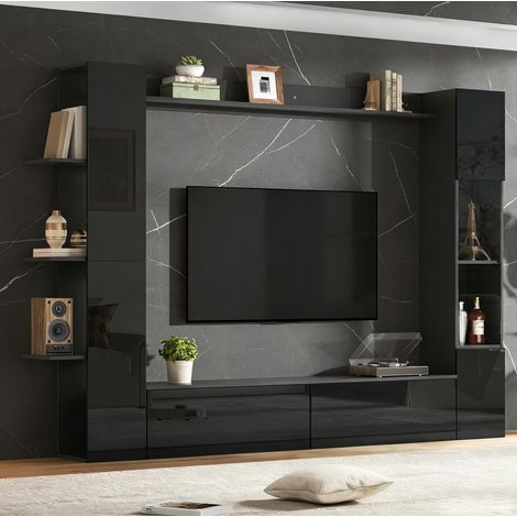 Parete attrezzata TV 245x30x170 cm nera in MDF con vetrina, ripiani aperti e ampio spazio contenitivo (1/5)