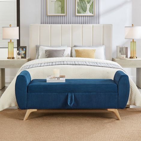 Klappbare Sitzbank mit Stauraum aus Cord, 145 x 51 x 57 cm, Blau, Holzbeine OKMYHOME (1/5)
