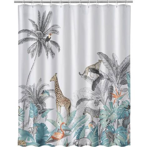 Tenda Doccia Bagno Stampa Tropical 180x200cm Tessuto con Ganci Plastica