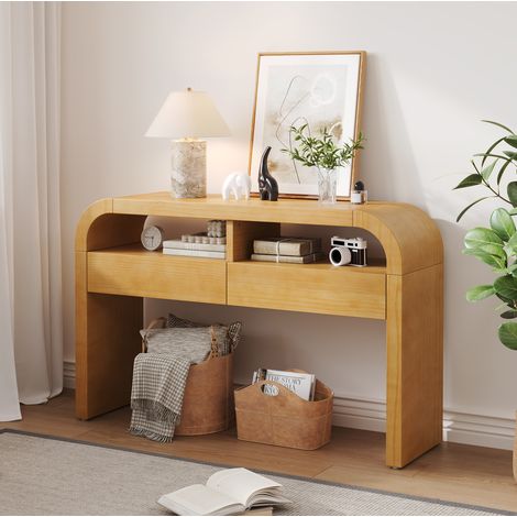 Console con 2 cassetti e ripiani aperti, naturale, 120x35,5x76,5 cm (1/5)