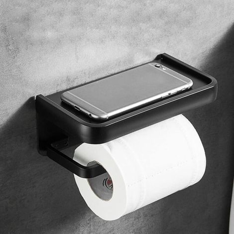 Porte-papier toilette mural en aluminium noir avec étagère de rangement – 1 pièce, dérouleur design pour rouleau WC (1/3)