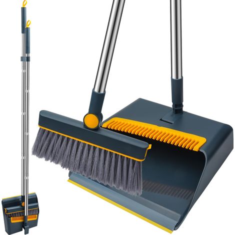 Ensemble pelle à poussière et balayette à long manche avec dents de peigne, brosse de balayage rotative à 180 degrés, idéal pour l'intérieur et l'extérieur, la cuisine, le bureau (1/5)