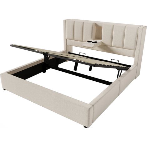 Lit Coffre 140x190cm,Lit double capitonné avec Station de Chargement et Porte-gobelet Caché,Rangement sous Le Lit,Beige (1/5)