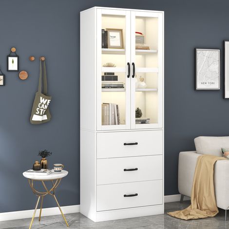 Vetrina bianca 200 cm con 2 porte in vetro, 3 cassetti, ripiani regolabili e LED, OKWISH (1/5)