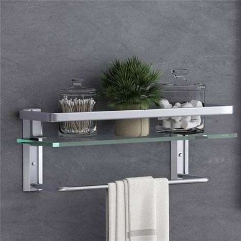 Étagère en verre avec porte-serviettes 15,7 pouces, étagère de salle de bain argentée, support mural antirouille, organisateur mural de salle de bain à 1 niveau (argent) (1/5)