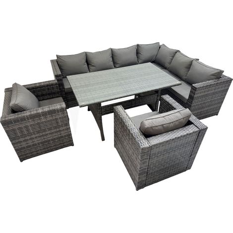 Fimous Rattan Garden Furniture Set Outdoor 8 Seater Patio Dining Corner Sofa Sets with Dining Table 2 Chairs Dark Grey Mixed (1/5)