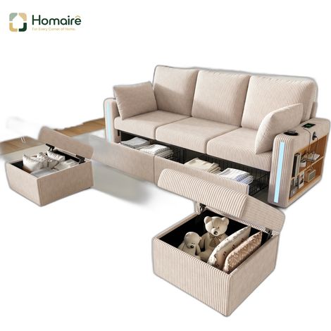 Canapé modulable en velours côtelé beige avec rangement, port USB et accoudoirs 190 x 130 x 85 cm HOMAIRE (1/5)