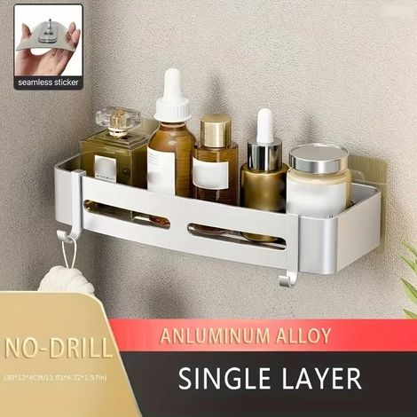 (1 carré argenté) 1 étagère de rangement murale d'angle en aluminium sans perçage pour salle de bain - Idéale pour ranger shampoing, gel douche et autres produits cosmétiques. (1/5)