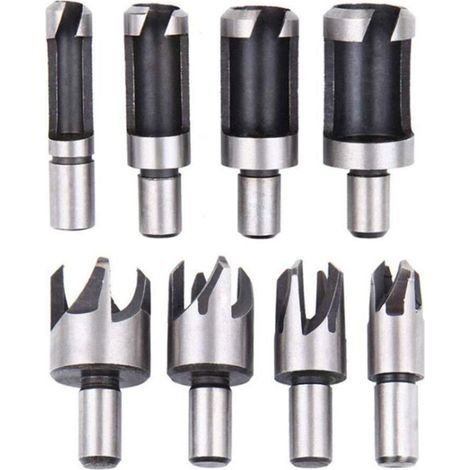 Lot de 8 fraises à bois à tige ronde en acier au carbone et forets coniques pour le travail du bois 6 mm/10 mm/13 mm/16 mm (1/4)