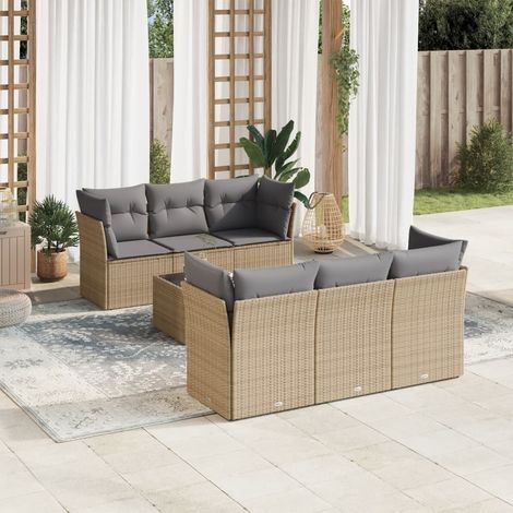 Set sofás de jardín 7 piezas y cojines ratán sintético beige vidaXL (1/3)
