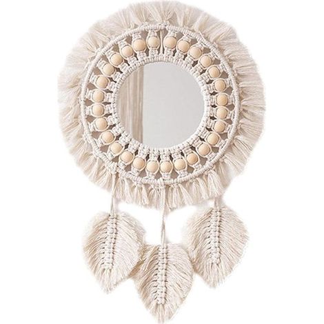 Espejo de pared con borlas, Espejo redondo estilo bohemio, Para dormitorio, sala de estar o apartamento, Blanco, Ø30cm, 1 pieza (1/5)