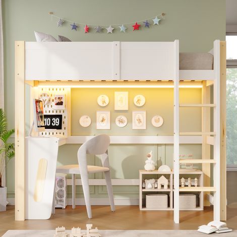 Lit Mezzanine Enfant 90x200 cm avec Bureau, Panneau Perforé, LED via Appli, Échelle et Garde-Corps, sans Matelas, Bois de Pin - Naturel et Blanc (1/5)