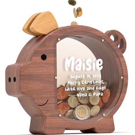 Tirelire en bois transparent avec autocollants à faire soi-même, tirelire mignonne et personnalisée pour la décoration d'anniversaire des filles et des enfants, bois de noyer. (1/5)