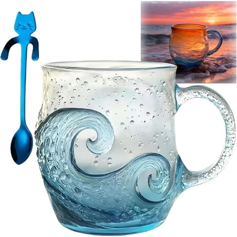 Meeresglas-Sonnenuntergangsschicht, goldene Gezeitenschicht, mundgeblasene, kunstvolle Meereswellen-Tasse, Stil 2 (1/5)