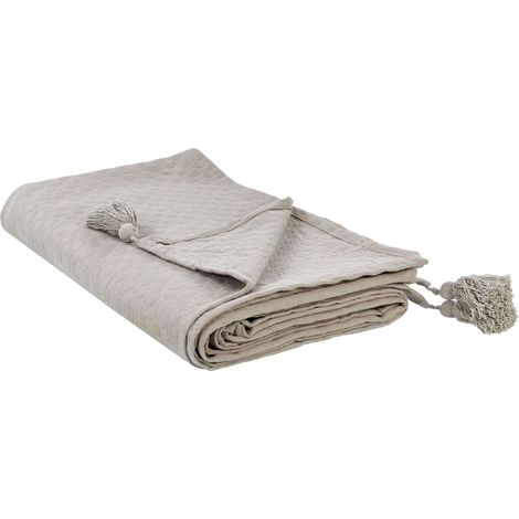 Couvre-Lit en Coton 220 x 200 cm avec Pompons Couverture Plaid Taupe Lindula