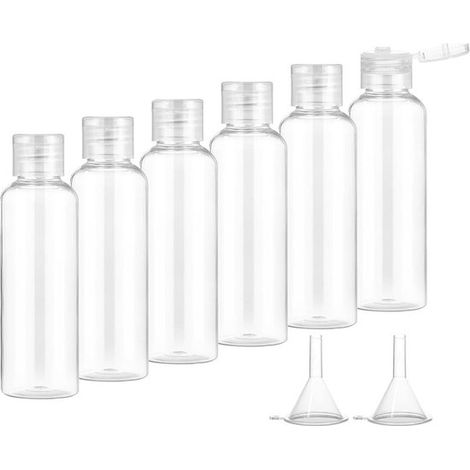 10 flacons de voyage vides et transparents en plastique de 100 ml avec 2 entonnoirs, accessoires de voyage adaptés aux liquides et cosmétiques en bagage cabine (1/5)