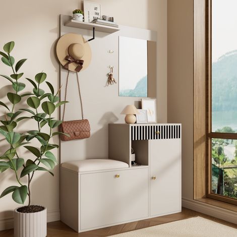 Eingangsbereichmöbel 37x110x185,5 cm, gepolsterter Sitz und Spiegel, MDF in Beige und Creme