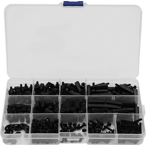 320 Stück/Box Schwarze Nylon-Zweiwege-Sechskant-Abstandshalter, Schrauben- und Mutternset M3