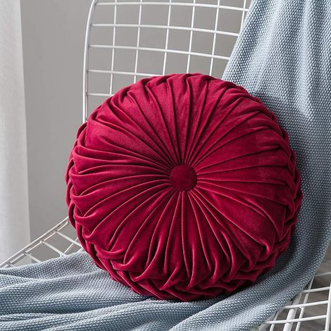 Cojines redondos de terciopelo, cojín redondo plisado, para el hogar, sofá, silla, cama, coche, 38 cm (rojo) (1/4)